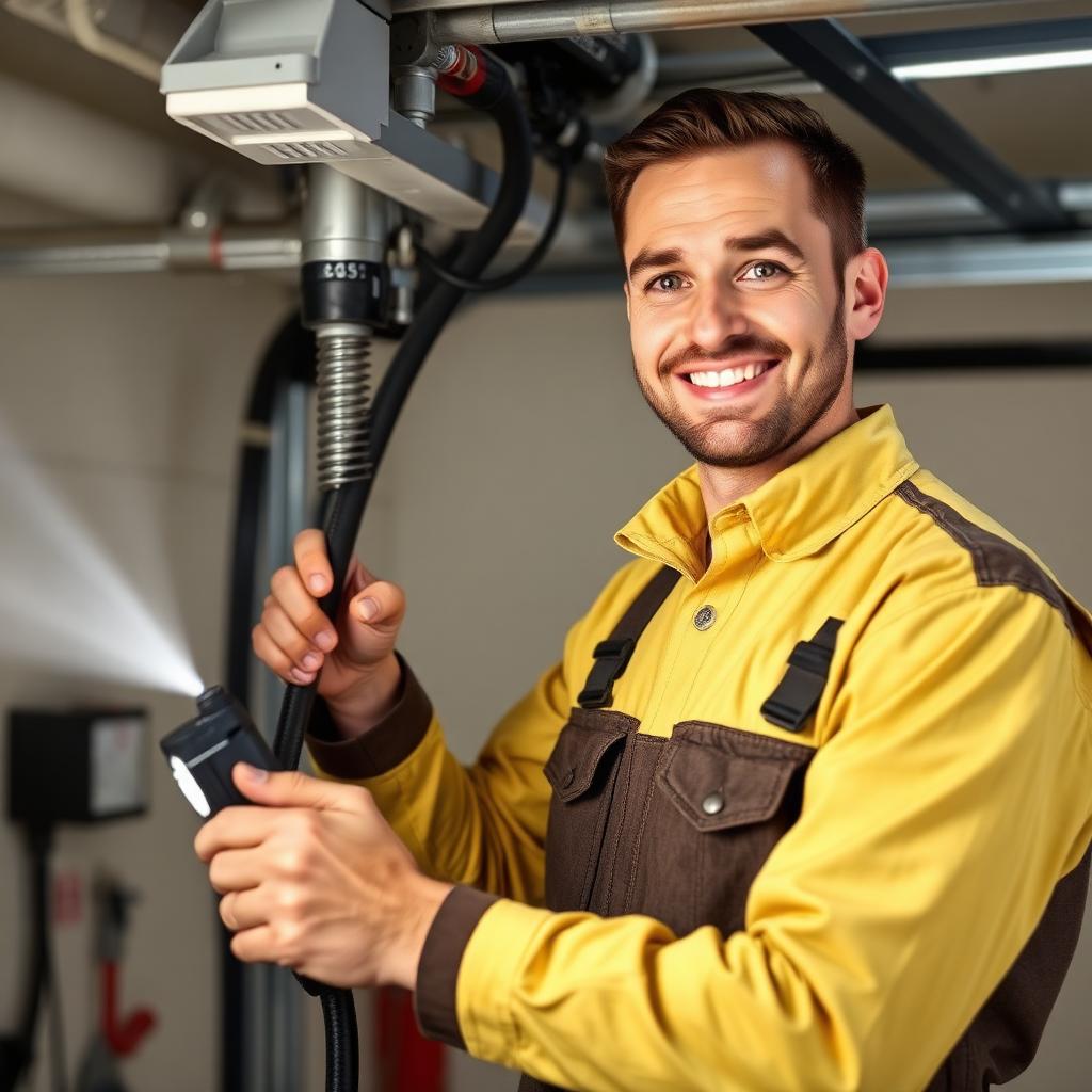 Professional garage door technician from Garage Door Osterville inspecting torsion springs